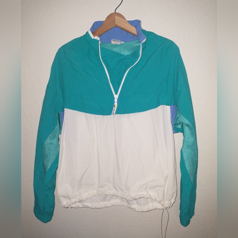 Vintage Solumbra 90"s 'Teal and White Half-Zip Pullover Windbreaker M